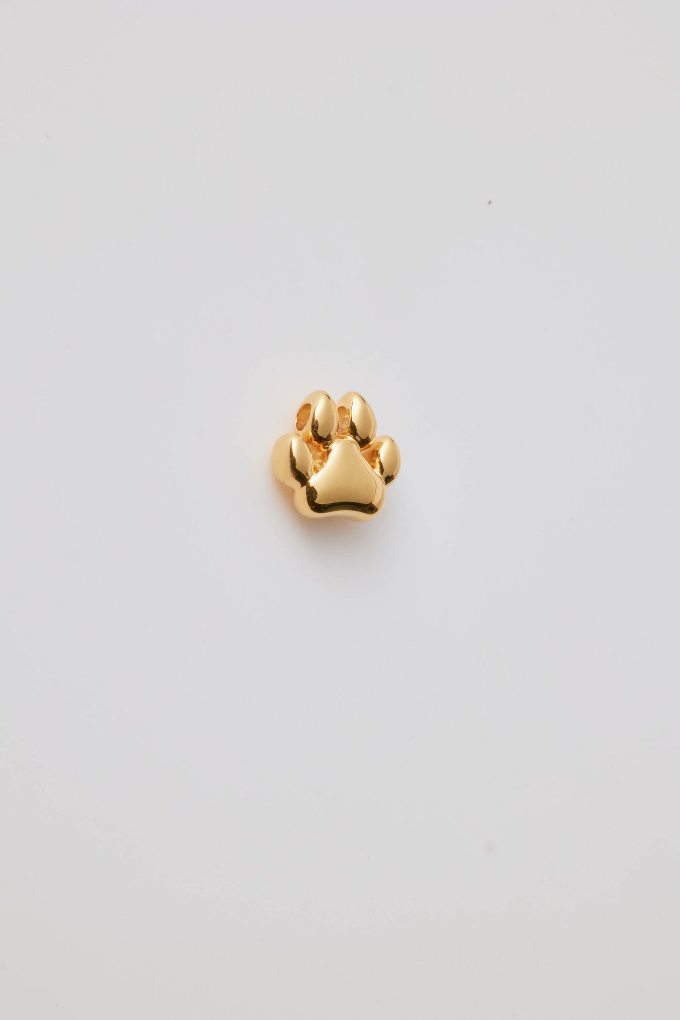 Side view of a polished gold dog paw charm with intricate detailing or raised paw pads and hole at the top for a chain to thread through. Background is a light grey colour.