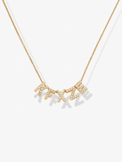 The Five Letters Necklace in Diamonds and 18k Gold features a delicate chain with hanging letters adorned with small round brilliant  diamonds, "KFXZE." Crafted from 18k solid gold, the letters dangle slightly, creating a shimmering effect against a plain white background.