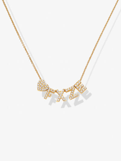 The Four Letters and Heart Necklace in Diamonds and 18k Gold is an elegant piece featuring sparkling, diamond-encrusted letter charms. The simple and refined 18k solid gold chain perfectly highlights the shimmering diamonds.