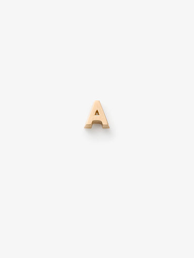 Miniature letter A single stud earring in 18k solid gold with a butterfly fastening for pierced ears.