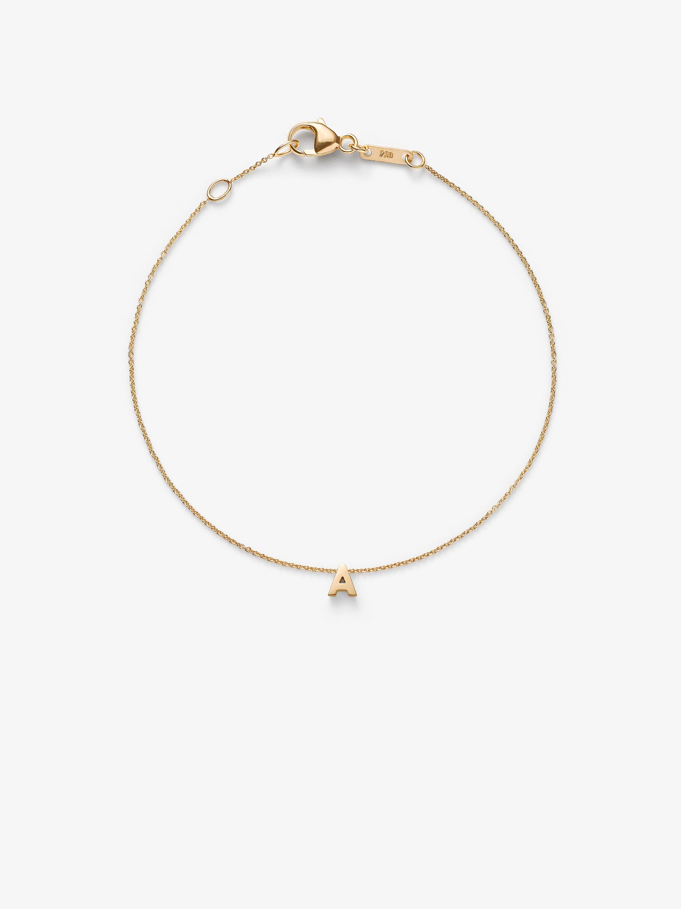 Miniature three-dimensional one letter in 18k solid gold, thread onto an adjustable bracelet chain